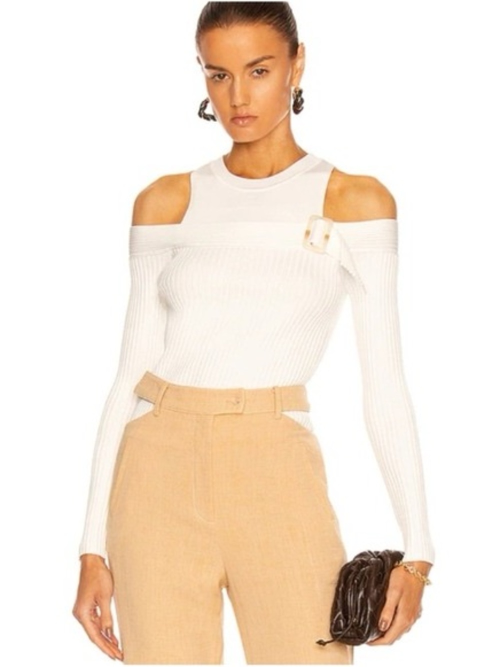 Jonathan Simkhai White Mandy Cut-Out Ribbed Sweater with Buckle Detail